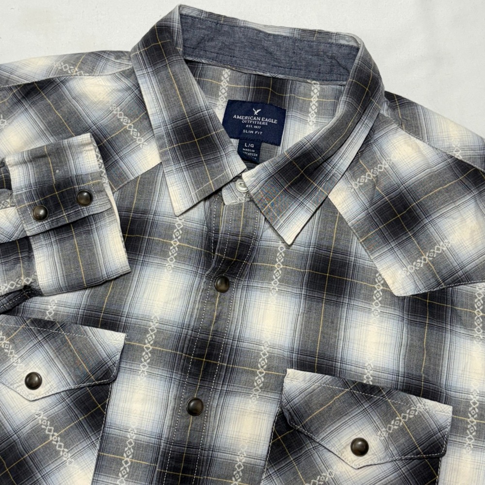American Eagle Western Shirt Mens L Grey White Plaid Slim Fit Snap Button Down